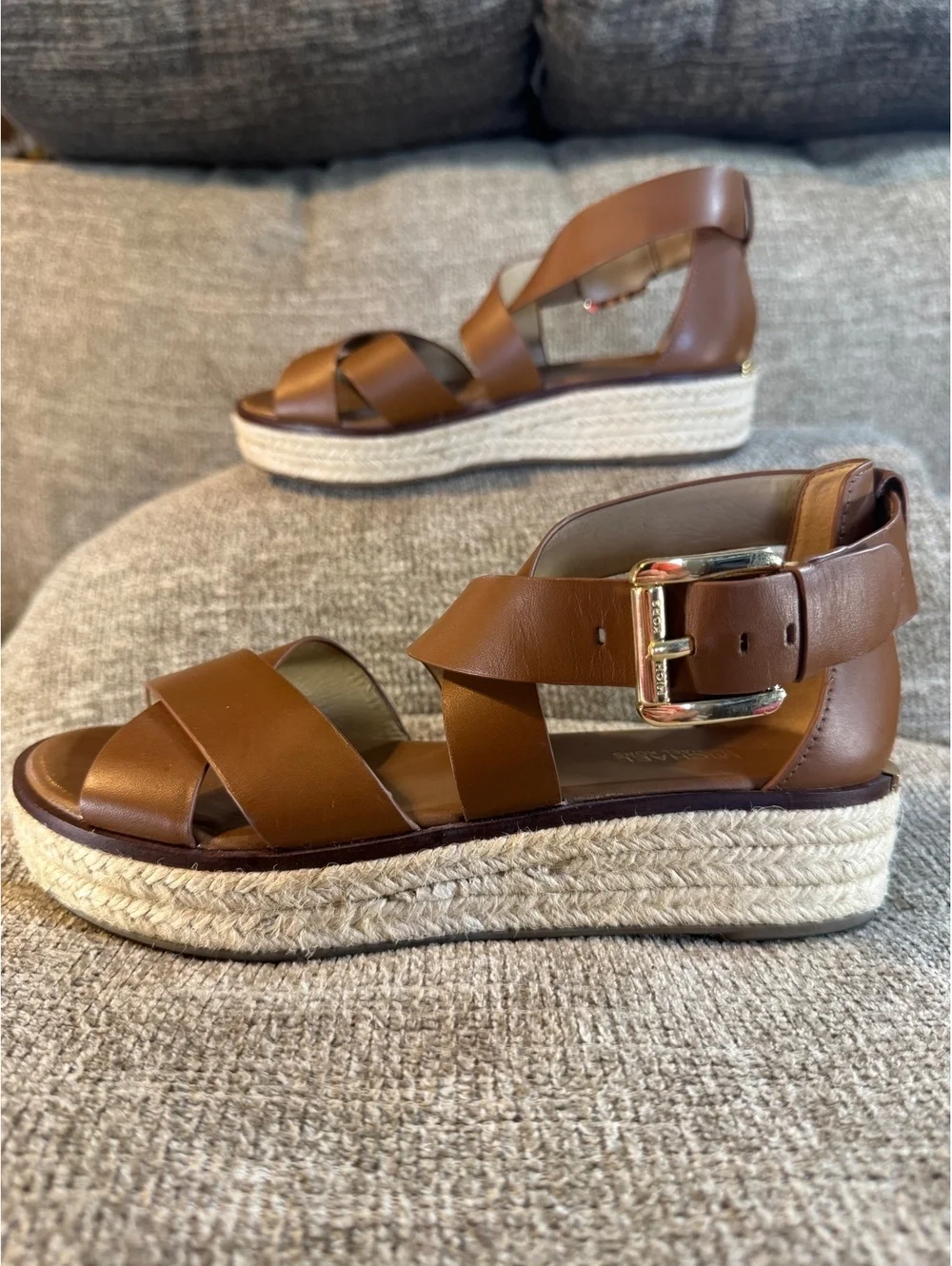 MICHAEL Michael Kors Darby Leather Espadrille Wedge Sandals Brown Size 6M